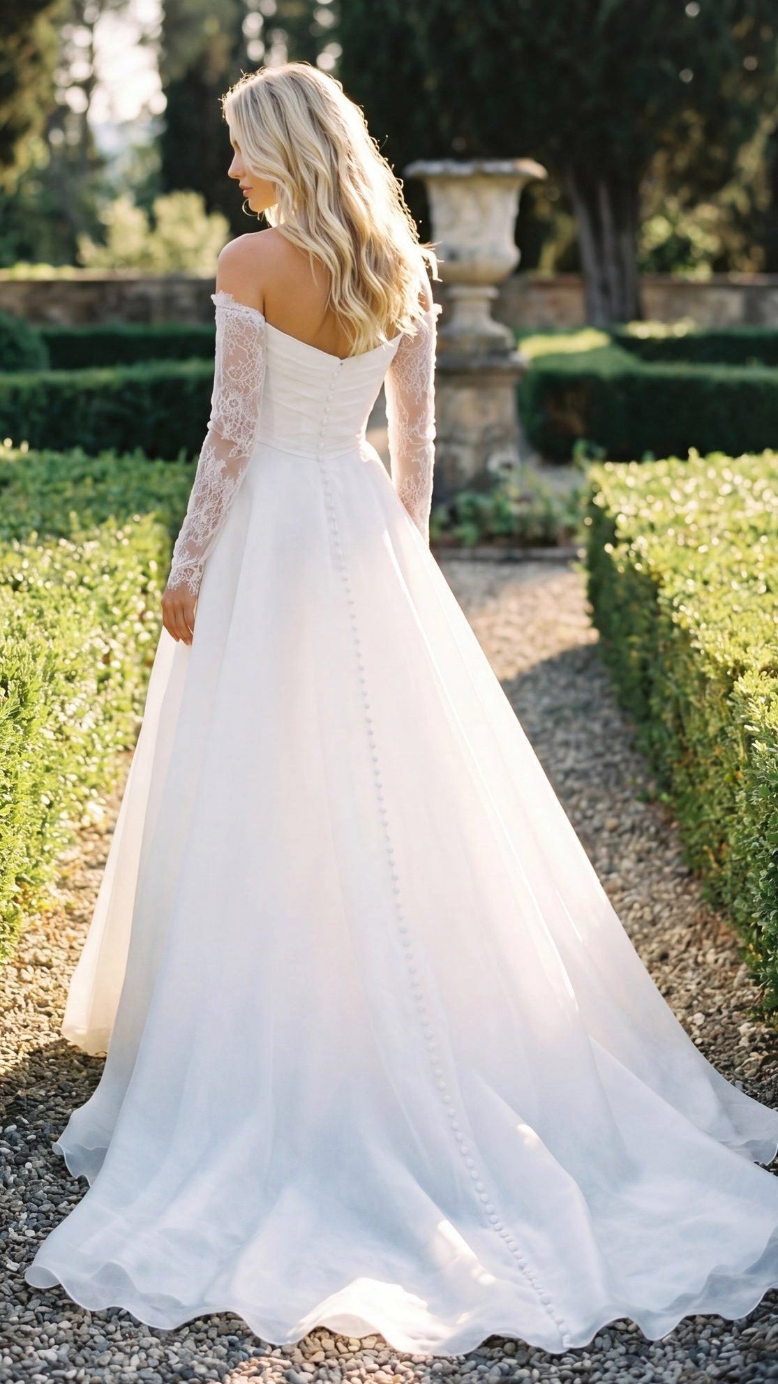 Vedress off-the-shoulder A line wedding dress back view, sweetheart low back with covered buttons, lace sleeve bridal gown
